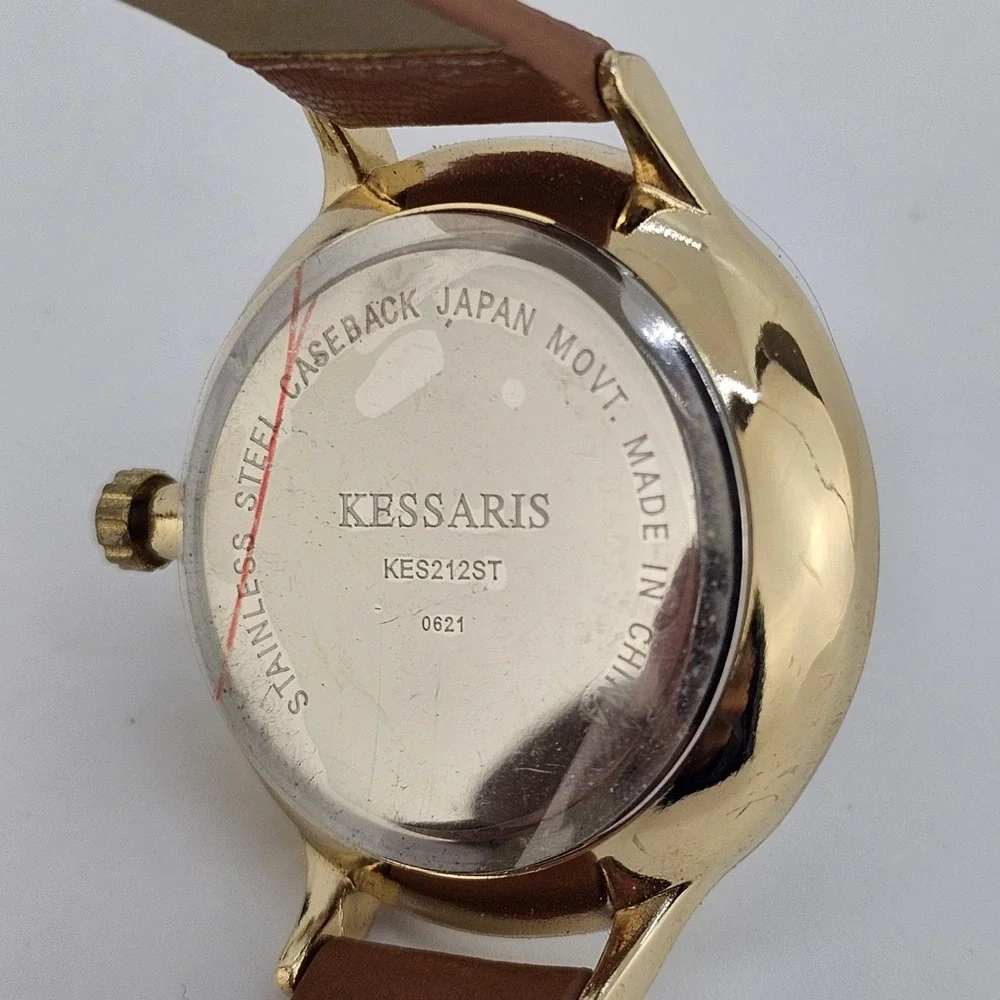 Kessaris Women's Watch 36MM White Dial Brown Faux Leather Bands‎ New Battery